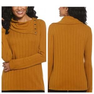 Rafaella Women's Ribbed Cowl Neck Top Golden Yellow Button Tunic